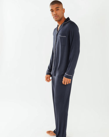 Men's Navy Modal Button Up Long Pyjama Set